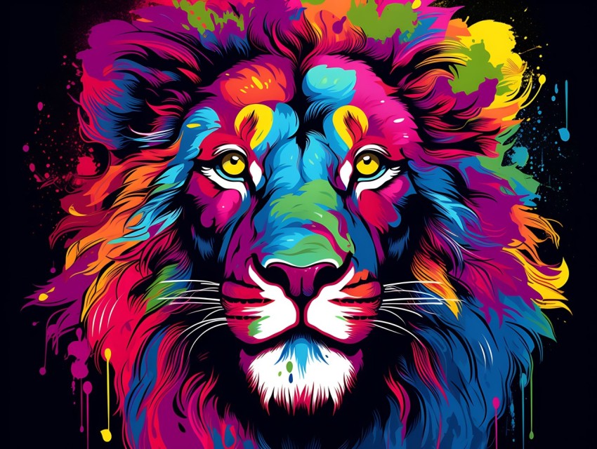 Colorful Lion Face Head Vivid Colors Pop Art Vector Illustrations Black Background (101)