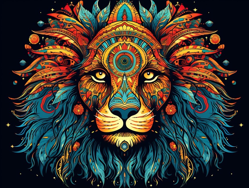 Colorful Lion Face Head Vivid Colors Pop Art Vector Illustrations Black Background (106)