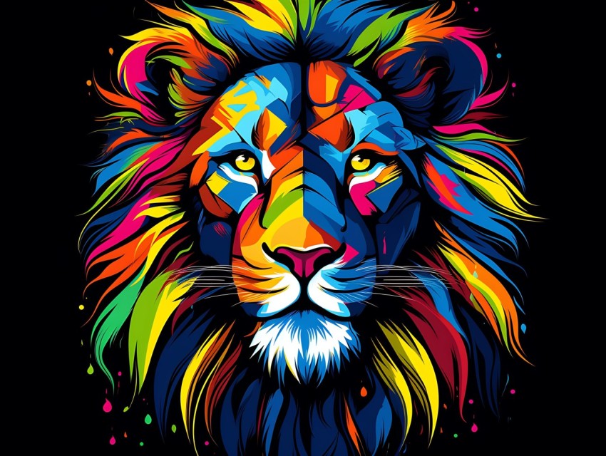 Colorful Lion Face Head Vivid Colors Pop Art Vector Illustrations Black Background (172)