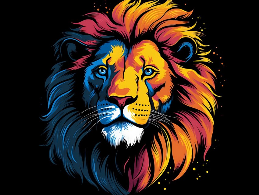 Colorful Lion Face Head Vivid Colors Pop Art Vector Illustrations Black Background (168)
