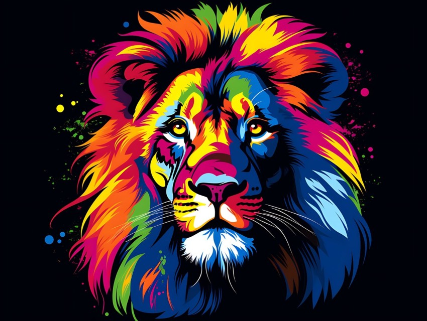 Colorful Lion Face Head Vivid Colors Pop Art Vector Illustrations Black Background (191)