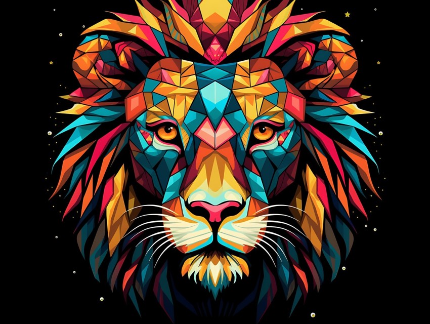 Colorful Lion Face Head Vivid Colors Pop Art Vector Illustrations Black Background (164)