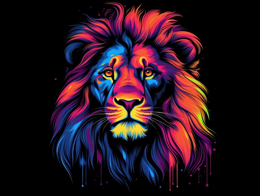 Colorful Lion Face Head Vivid Colors Pop Art Vector Illustrations Black Background (198)