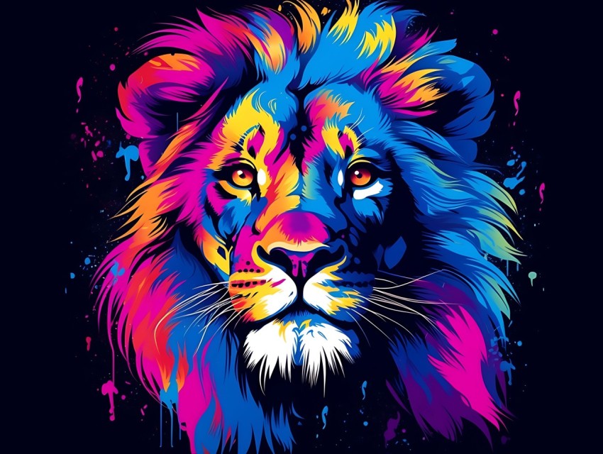 Colorful Lion Face Head Vivid Colors Pop Art Vector Illustrations Black Background (196)