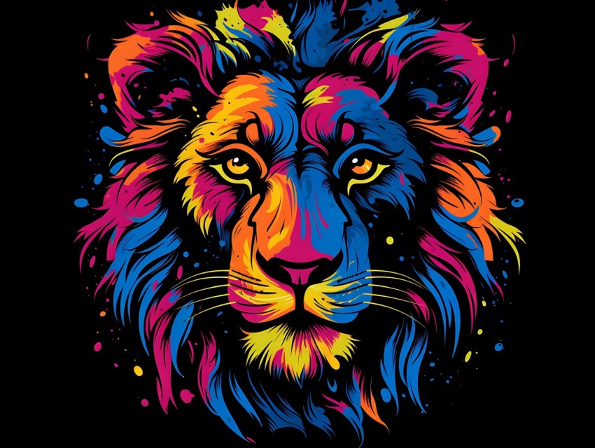 Colorful Lion Face Head Vivid Colors Pop Art Vector Illustrations Black Background (158)