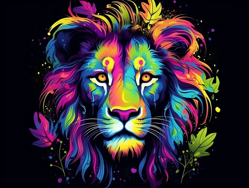 Colorful Lion Face Head Vivid Colors Pop Art Vector Illustrations Black Background (174)