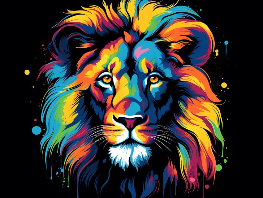 Colorful Lion Face Head Vivid Colors Pop Art Vector Illustrations Black Background (180)