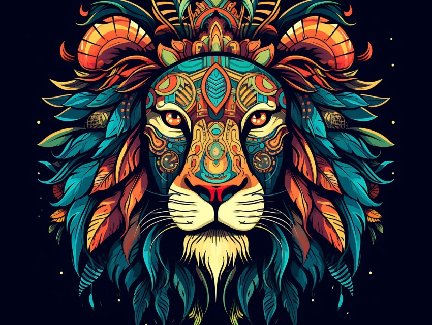 Colorful Lion Face Head Vivid Colors Pop Art Vector Illustrations Black Background (169)