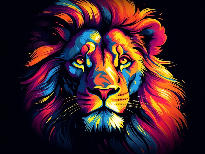 Colorful Lion Face Head Vivid Colors Pop Art Vector Illustrations Black Background (159)