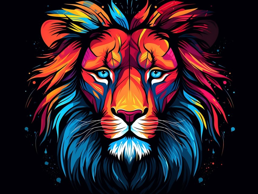Colorful Lion Face Head Vivid Colors Pop Art Vector Illustrations Black Background (199)