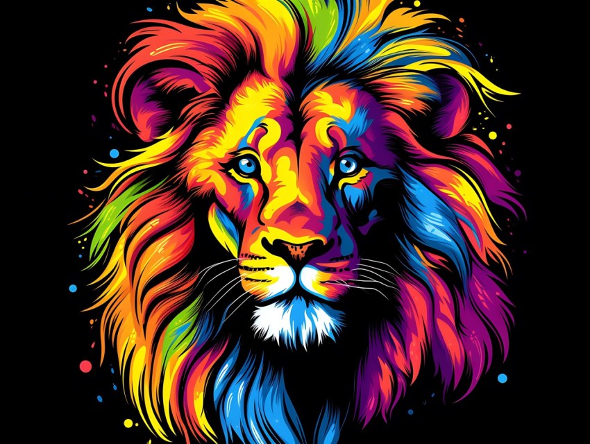 Colorful Lion Face Head Vivid Colors Pop Art Vector Illustrations Black Background (162)