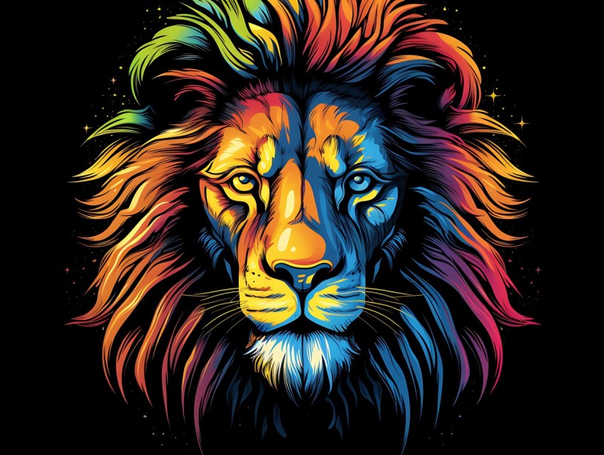 Colorful Lion Face Head Vivid Colors Pop Art Vector Illustrations Black Background (185)