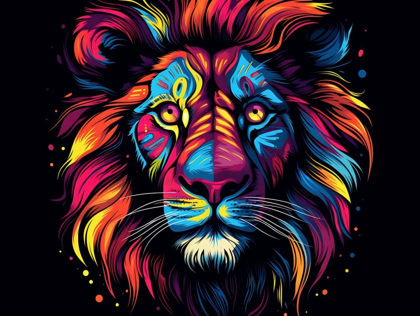 Colorful Lion Face Head Vivid Colors Pop Art Vector Illustrations Black Background (166)