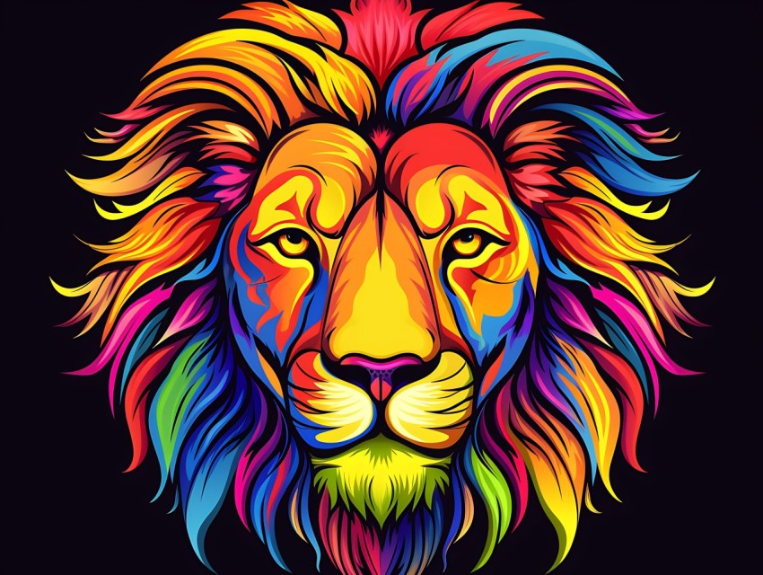Colorful Lion Face Head Vivid Colors Pop Art Vector Illustrations Black Background (189)
