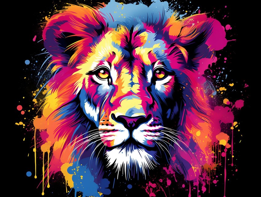Colorful Lion Face Head Vivid Colors Pop Art Vector Illustrations Black Background (173)