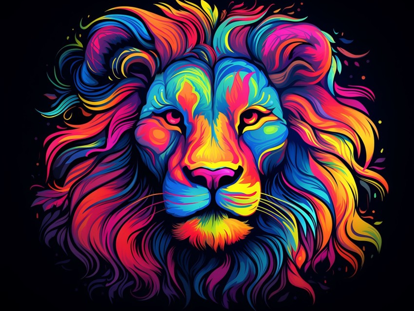 Colorful Lion Face Head Vivid Colors Pop Art Vector Illustrations Black Background (176)
