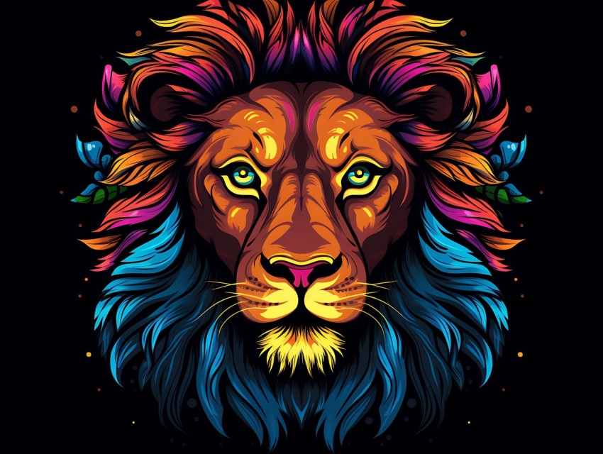 Colorful Lion Face Head Vivid Colors Pop Art Vector Illustrations Black Background (184)