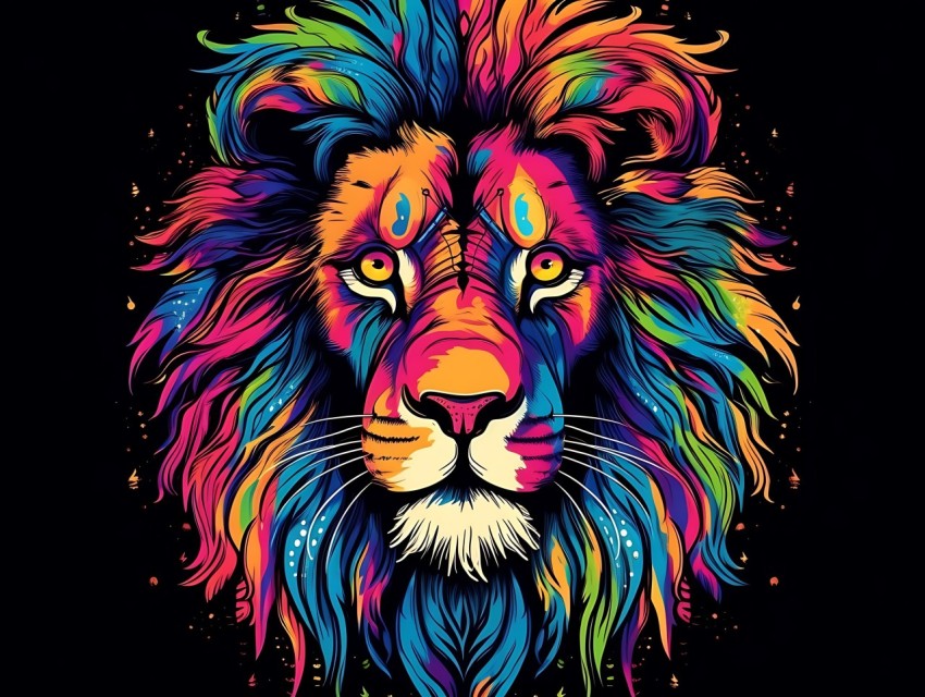 Colorful Lion Face Head Vivid Colors Pop Art Vector Illustrations Black Background (183)