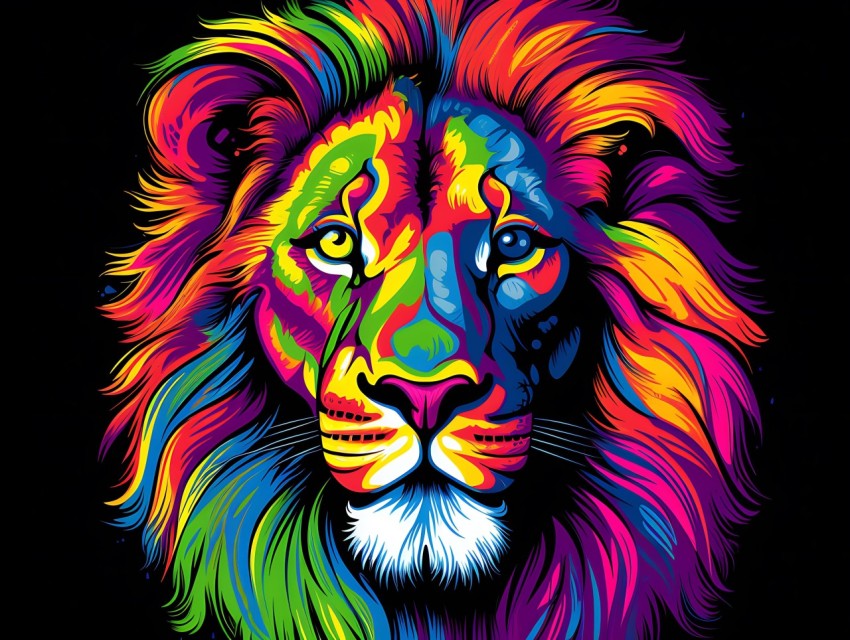 Colorful Lion Face Head Vivid Colors Pop Art Vector Illustrations Black Background (177)
