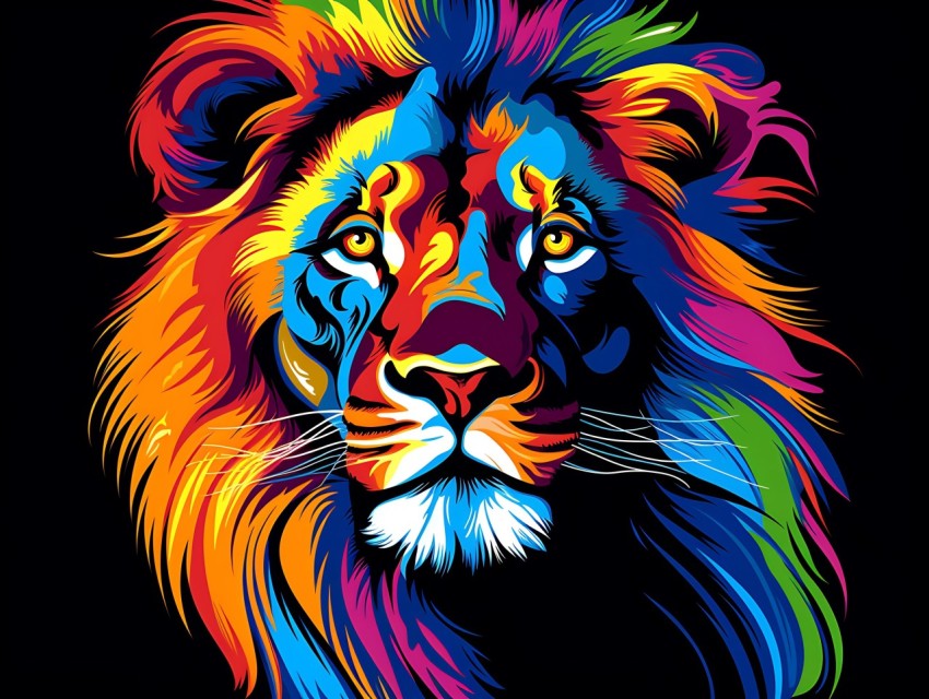 Colorful Lion Face Head Vivid Colors Pop Art Vector Illustrations Black Background (151)