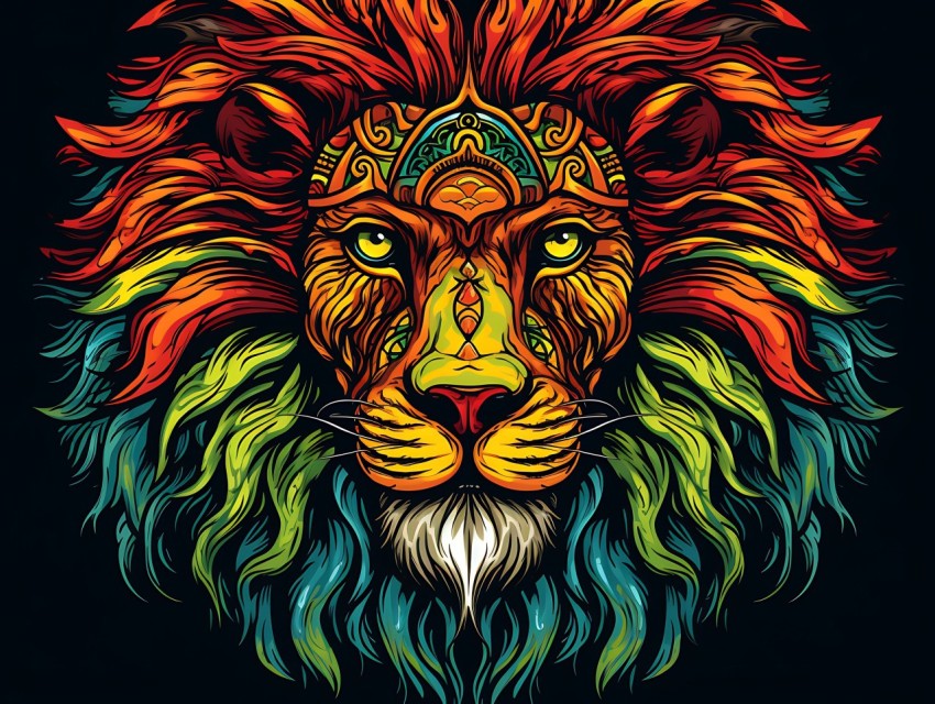 Colorful Lion Face Head Vivid Colors Pop Art Vector Illustrations Black Background (153)
