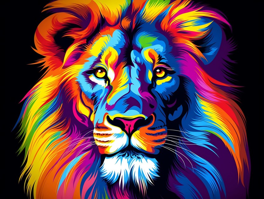 Colorful Lion Face Head Vivid Colors Pop Art Vector Illustrations Black Background (200)