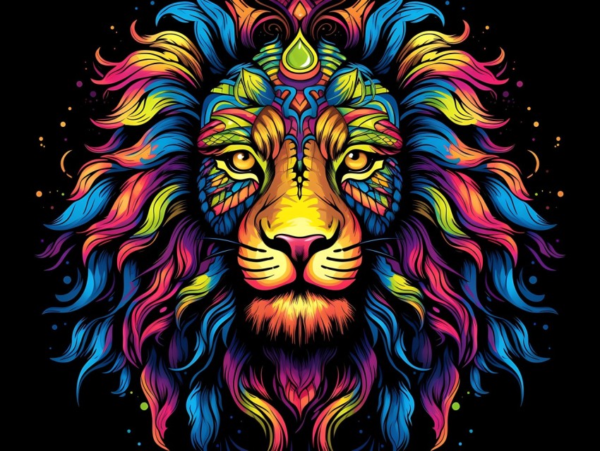 Colorful Lion Face Head Vivid Colors Pop Art Vector Illustrations Black Background (171)
