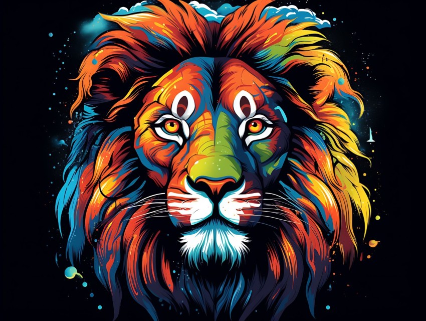 Colorful Lion Face Head Vivid Colors Pop Art Vector Illustrations Black Background (161)