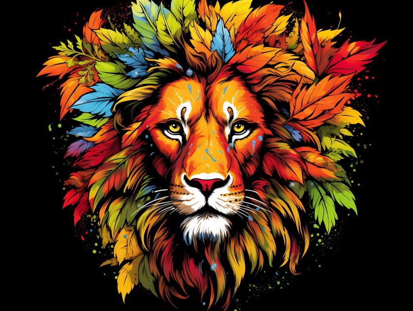 Colorful Lion Face Head Vivid Colors Pop Art Vector Illustrations Black Background (186)
