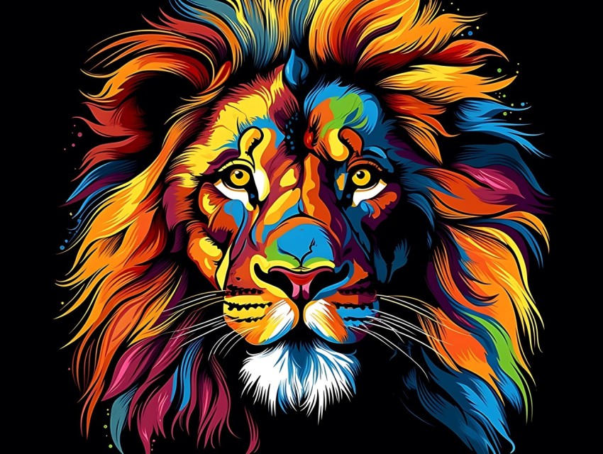 Colorful Lion Face Head Vivid Colors Pop Art Vector Illustrations Black Background (188)