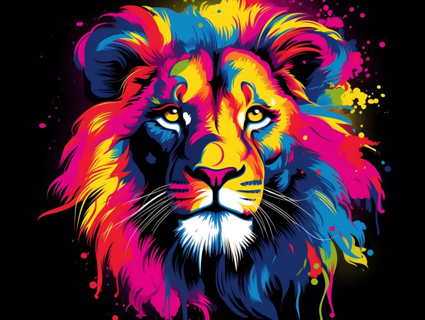 Colorful Lion Face Head Vivid Colors Pop Art Vector Illustrations Black Background (225)
