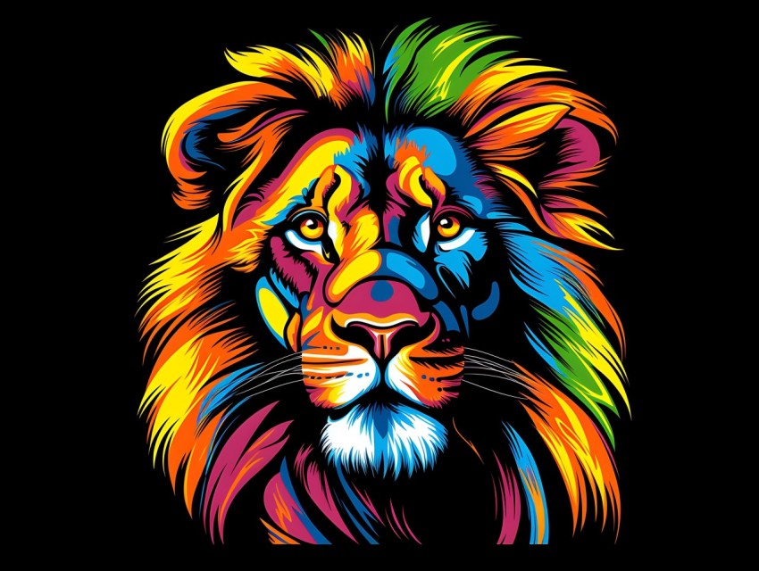 Colorful Lion Face Head Vivid Colors Pop Art Vector Illustrations Black Background (231)