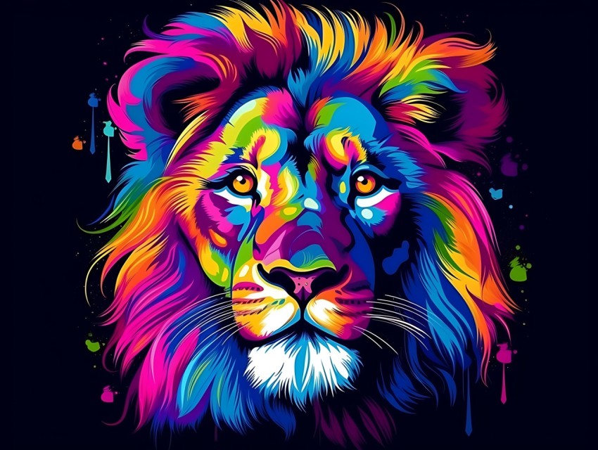 Colorful Lion Face Head Vivid Colors Pop Art Vector Illustrations Black Background (227)