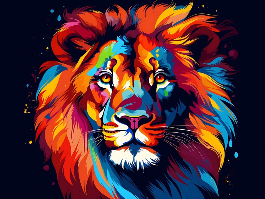 Colorful Lion Face Head Vivid Colors Pop Art Vector Illustrations Black Background (242)