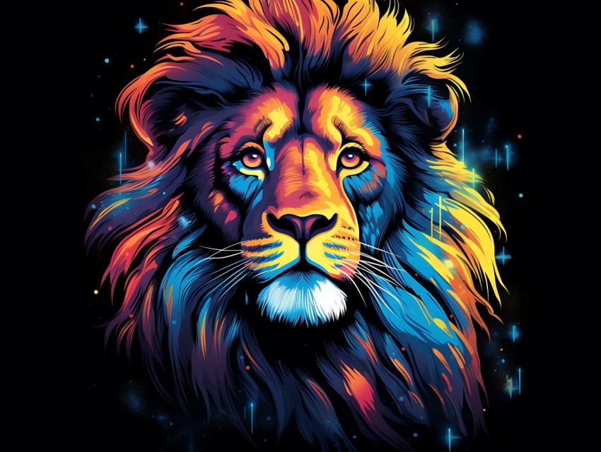 Colorful Lion Face Head Vivid Colors Pop Art Vector Illustrations Black Background (221)