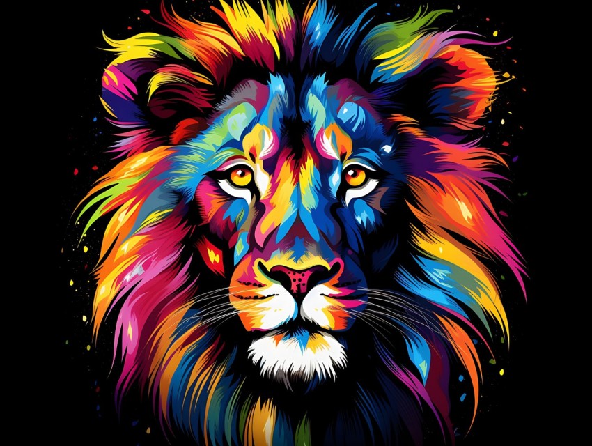 Colorful Lion Face Head Vivid Colors Pop Art Vector Illustrations Black Background (210)