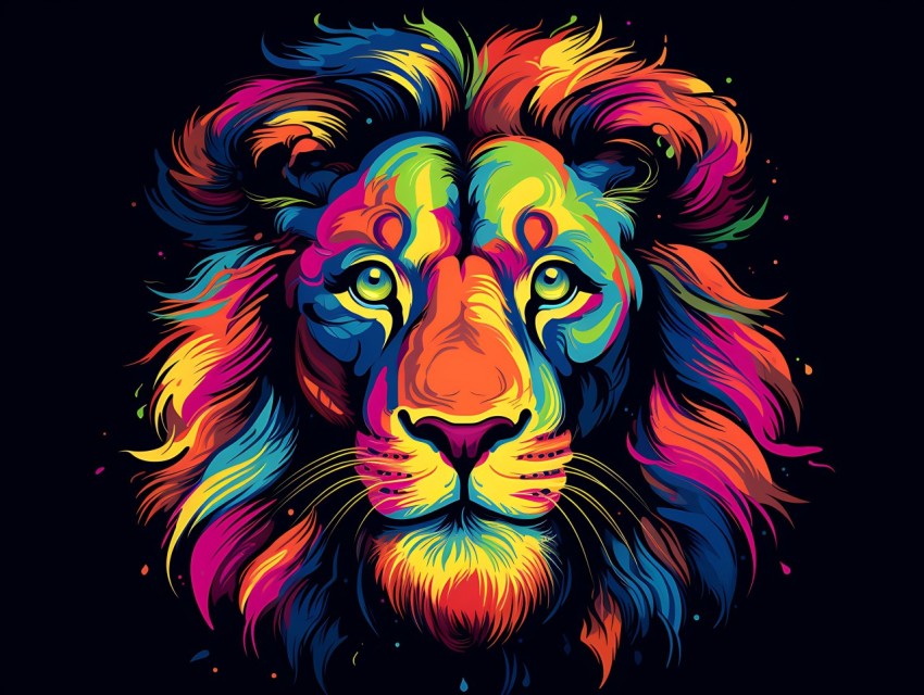 Colorful Lion Face Head Vivid Colors Pop Art Vector Illustrations Black Background (222)