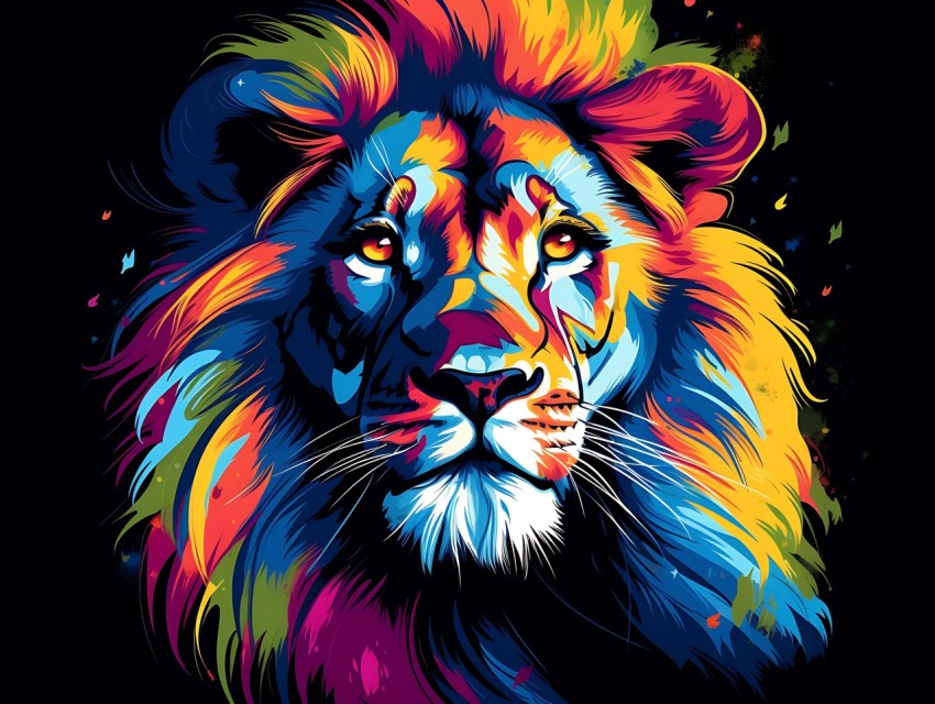 Colorful Lion Face Head Vivid Colors Pop Art Vector Illustrations Black Background (250)