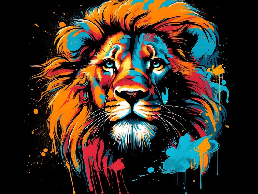 Colorful Lion Face Head Vivid Colors Pop Art Vector Illustrations Black Background (239)