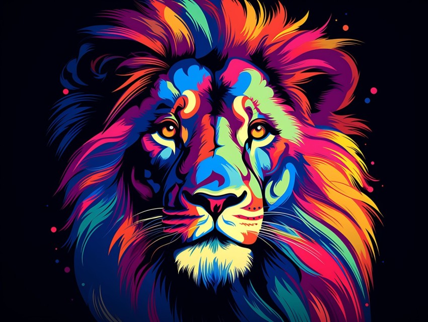 Colorful Lion Face Head Vivid Colors Pop Art Vector Illustrations Black Background (216)
