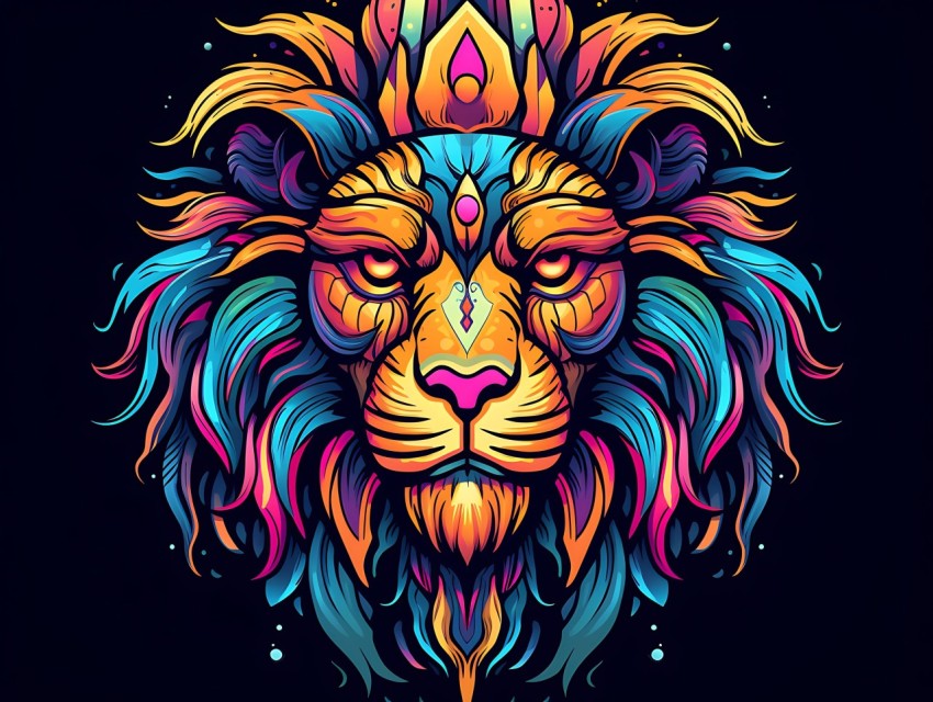 Colorful Lion Face Head Vivid Colors Pop Art Vector Illustrations Black Background (241)
