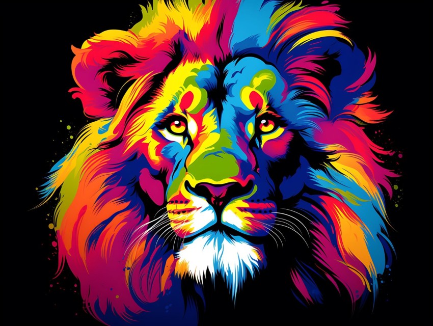 Colorful Lion Face Head Vivid Colors Pop Art Vector Illustrations Black Background (238)
