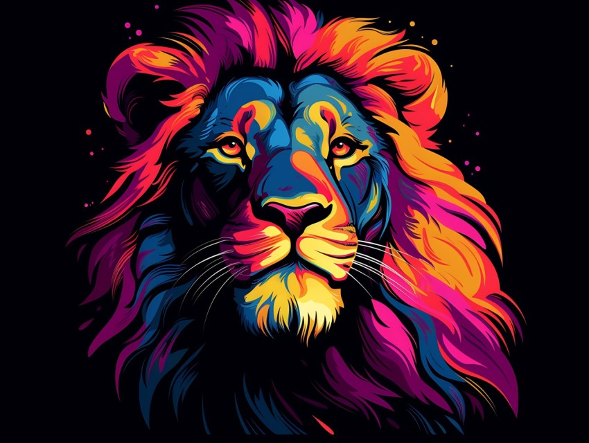 Colorful Lion Face Head Vivid Colors Pop Art Vector Illustrations Black Background (207)
