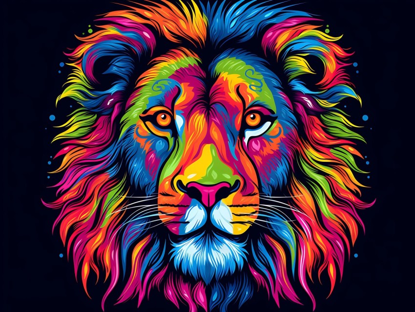 Colorful Lion Face Head Vivid Colors Pop Art Vector Illustrations Black Background (208)