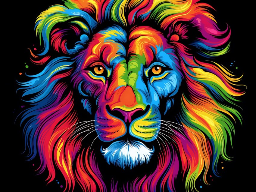 Colorful Lion Face Head Vivid Colors Pop Art Vector Illustrations Black Background (219)