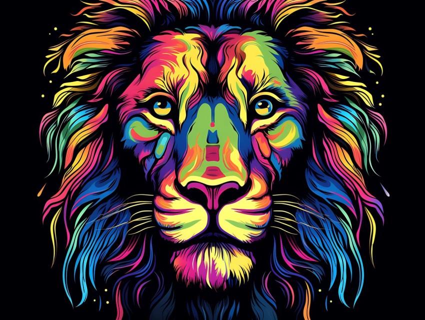 Colorful Lion Face Head Vivid Colors Pop Art Vector Illustrations Black Background (248)