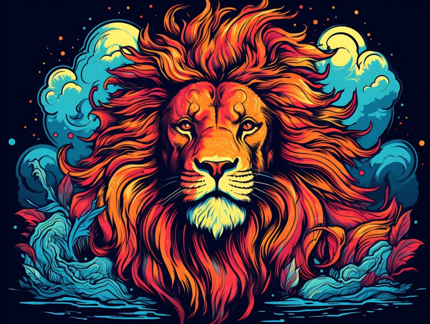 Colorful Lion Face Head Vivid Colors Pop Art Vector Illustrations Black Background (243)