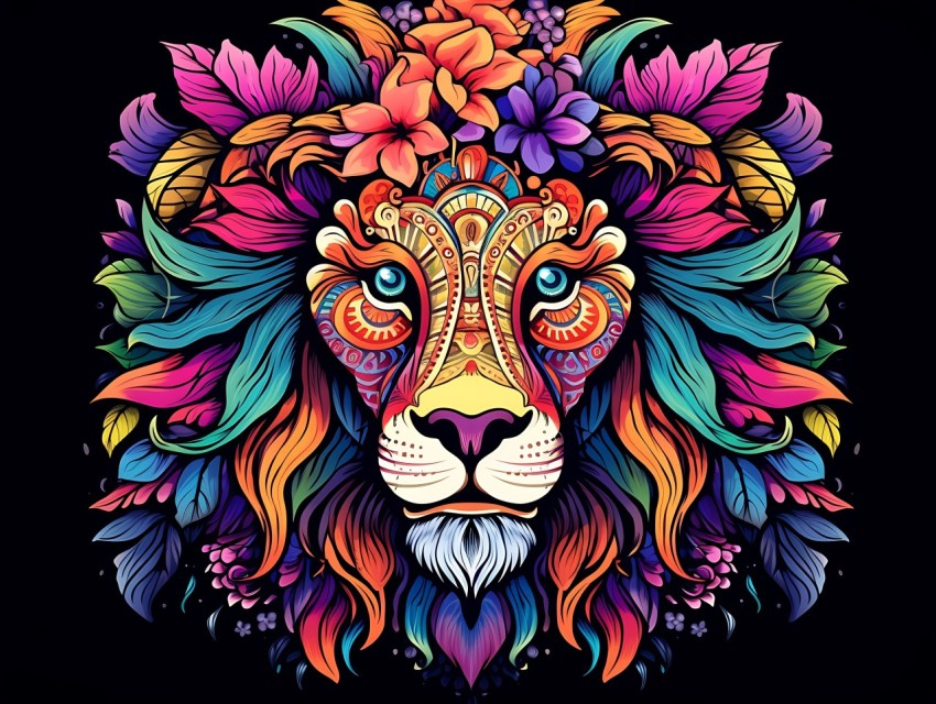 Colorful Lion Face Head Vivid Colors Pop Art Vector Illustrations Black Background (201)