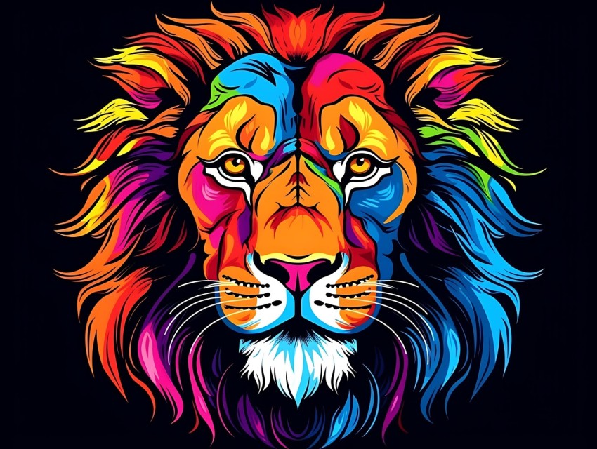 Colorful Lion Face Head Vivid Colors Pop Art Vector Illustrations Black Background (206)