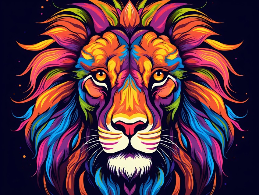 Colorful Lion Face Head Vivid Colors Pop Art Vector Illustrations Black Background (236)